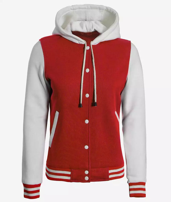 Women's Red and White Hooded Varsity Baseball Jacket