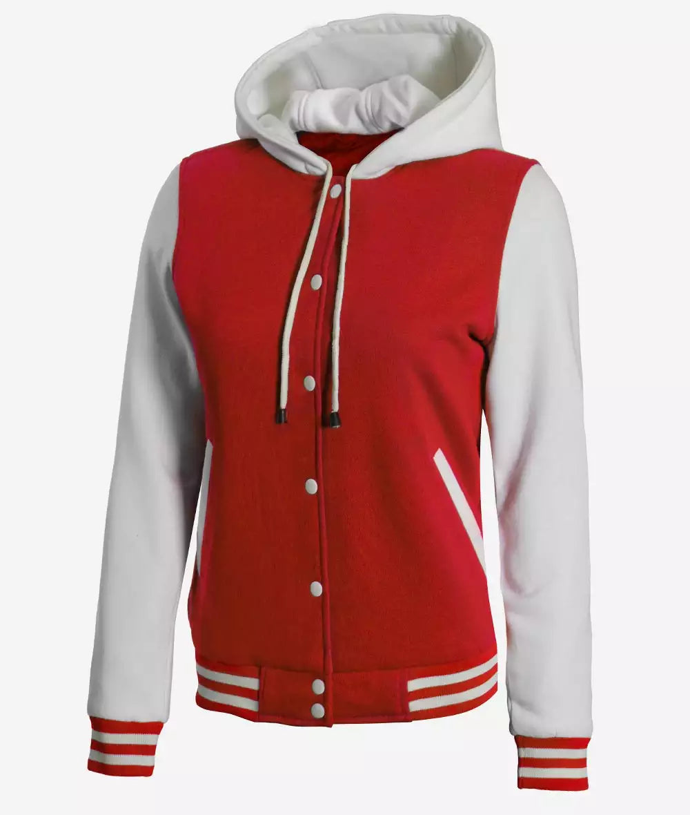 Women's Red and White Hooded Varsity Baseball Jacket