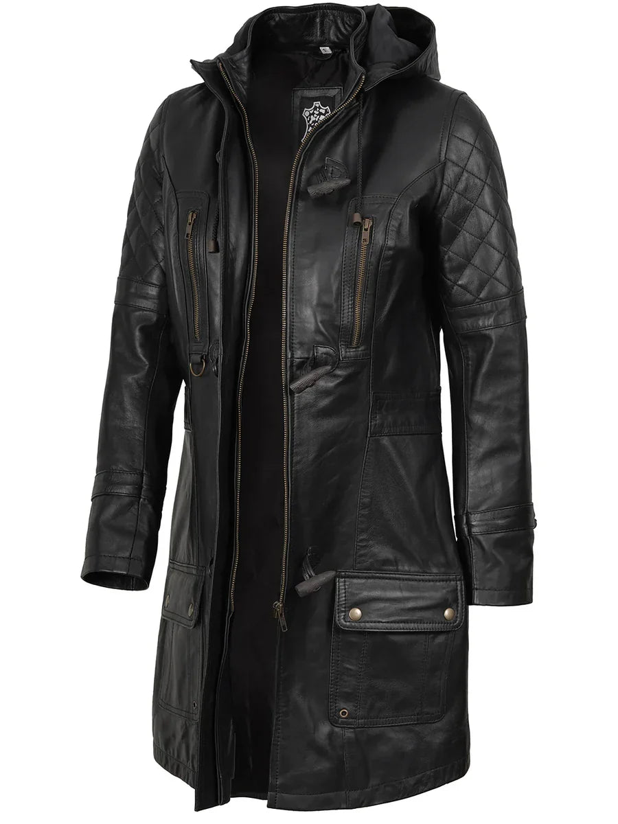 Women’s Black 3/4 Length Leather Coat With Hood