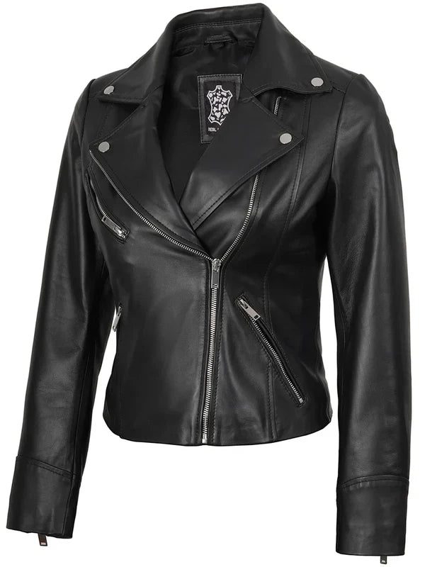 Women's Black Asymmetrical Leather Biker Style Jacket