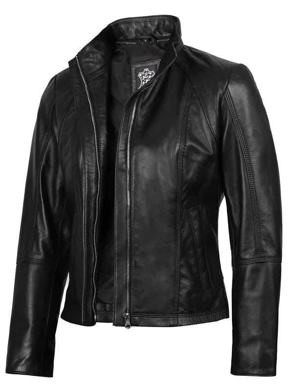 Acerra Women's Black Biker Style Leather Jacket