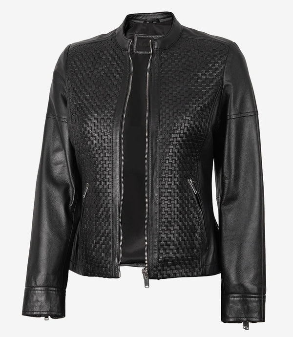 Women's Black Textured Cafe Racer Leather Jacket