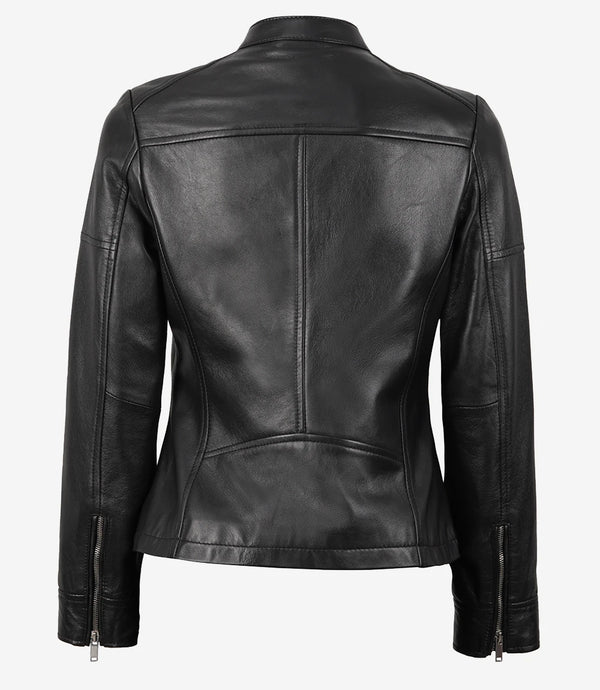Women's Black Textured Cafe Racer Leather Jacket