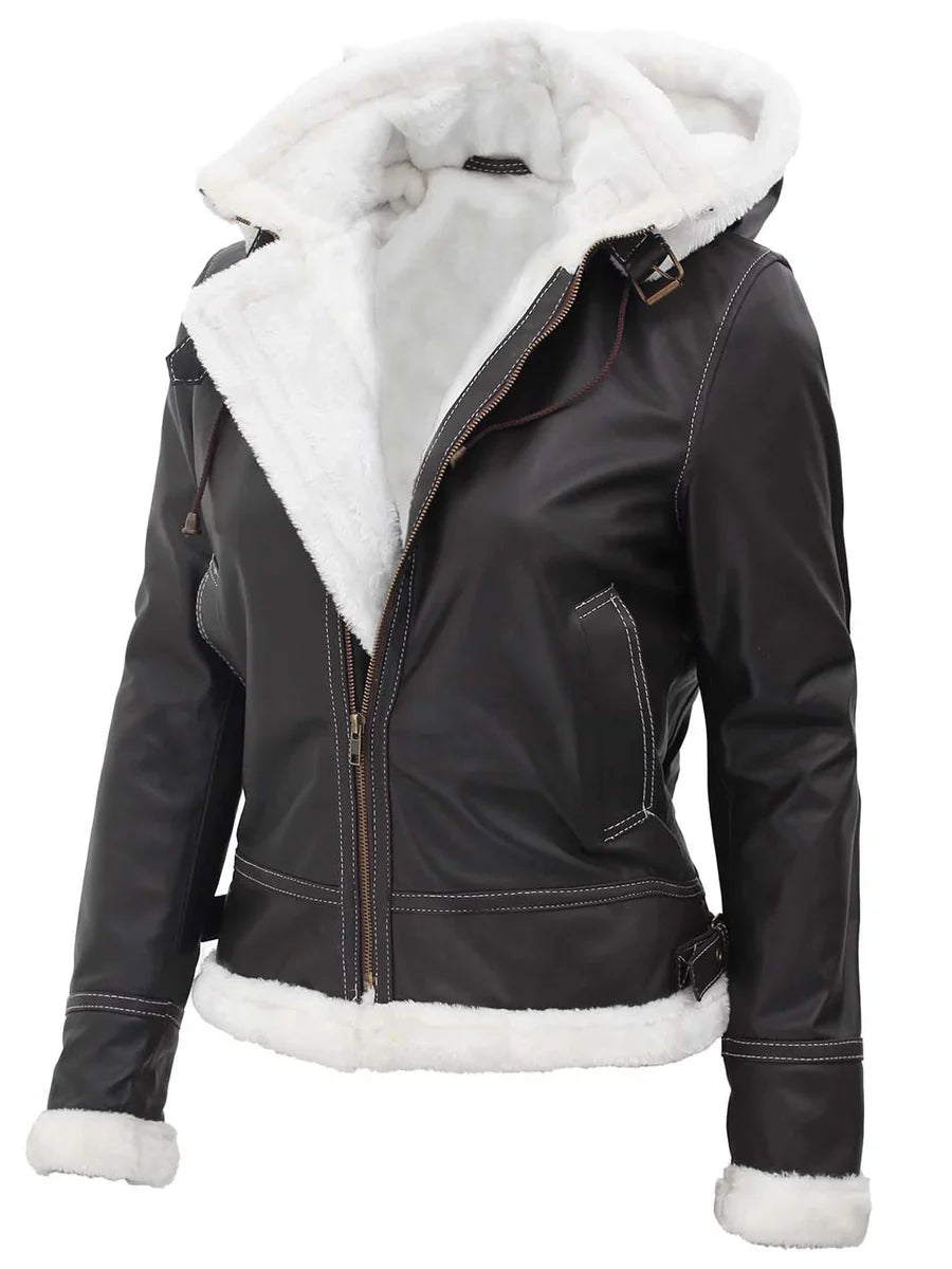 Womens Shearling  Leather Jacket with Removable Hood