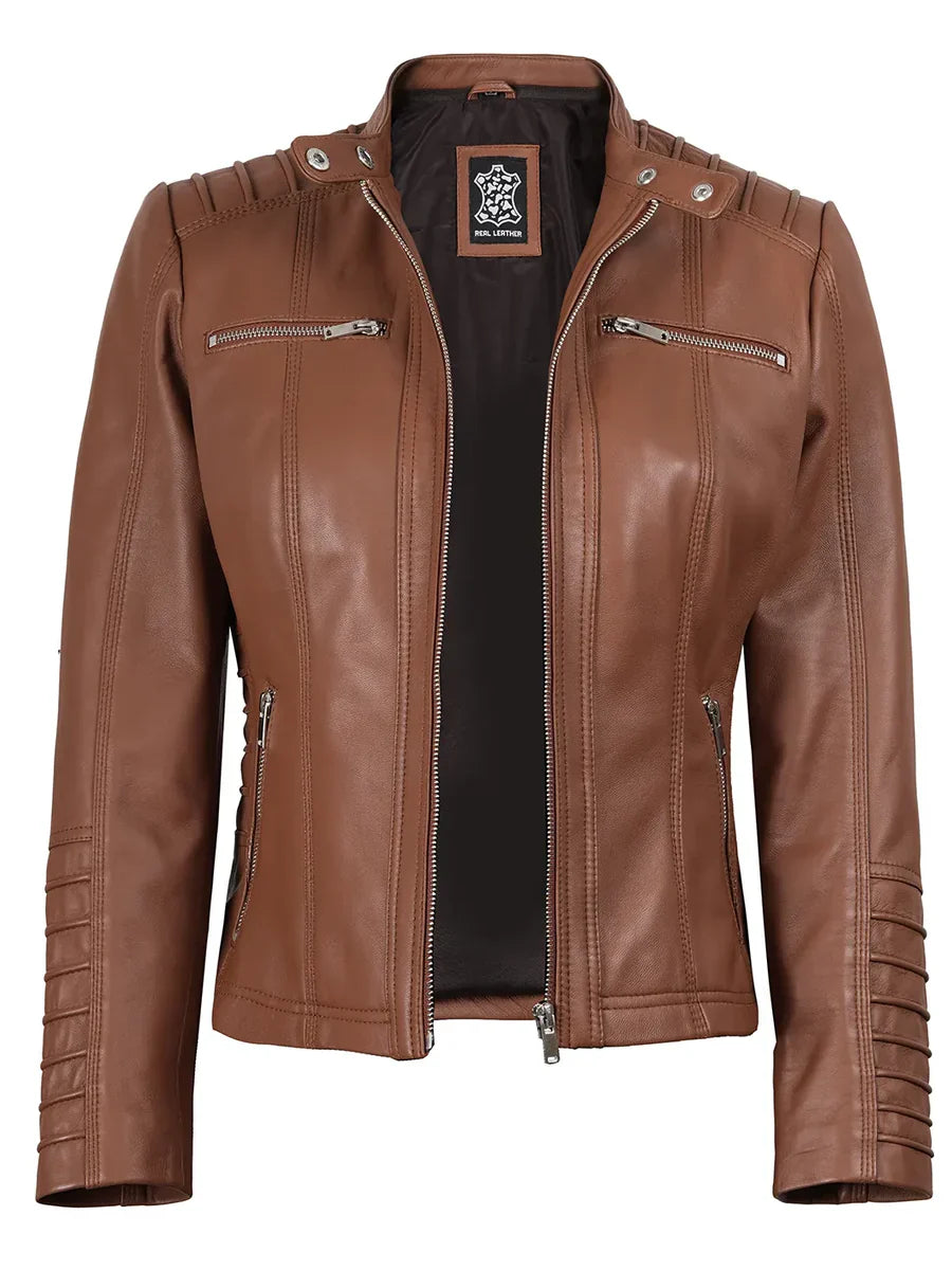 Women's Cognac Brown Leather Jacket With Removable Hood