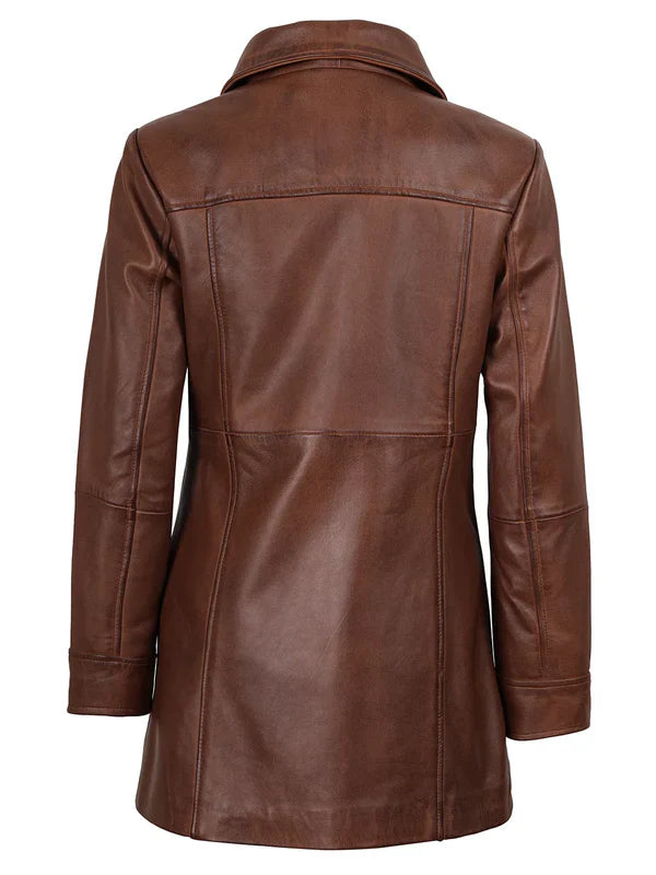Kandis Women's Cognac Brown Leather Car Coat