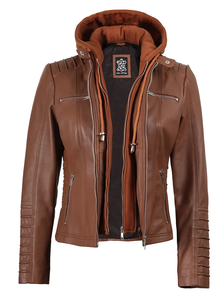 Women's Cognac Brown Leather Jacket With Removable Hood