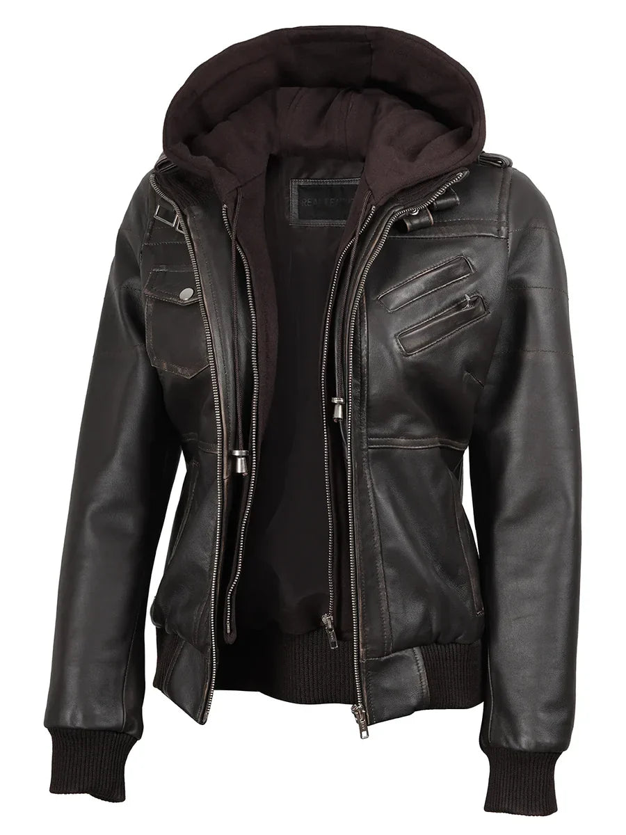 Women's Dark Brown Rub Off Leather Jacket with Removable Hood