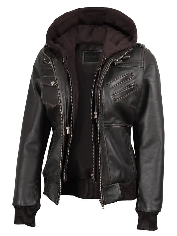 Women's Dark Brown Rub Off Leather Jacket with Removable Hood