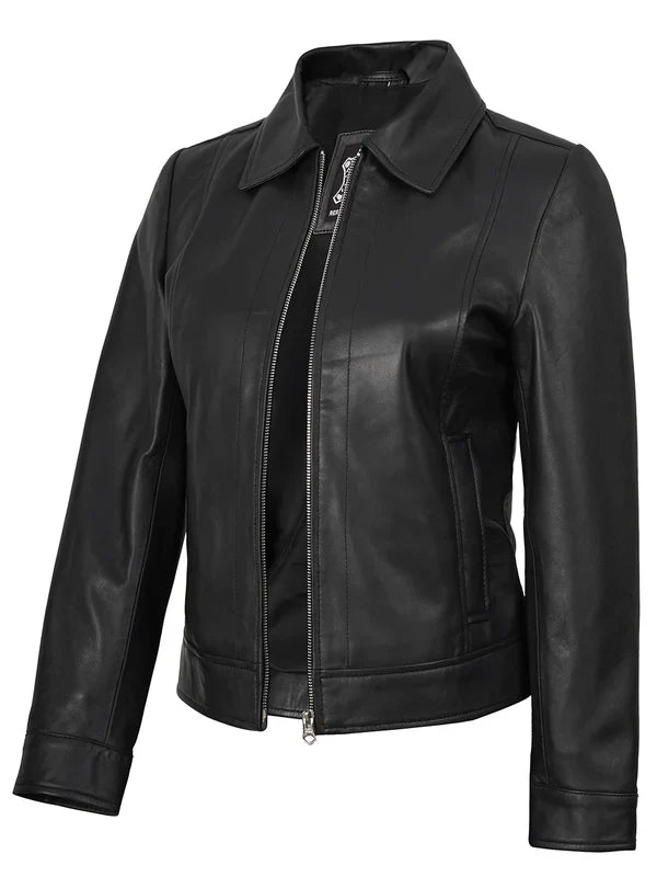 Women's Harrington Style Black Real Leather Jacket