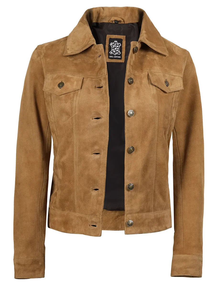 Women's Light Brown Shade Suede Trucker Jacket