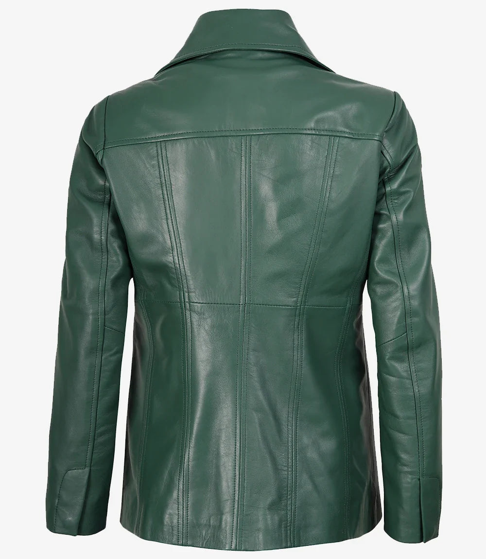 Womens Three Button Green Leather Blazer Jacket