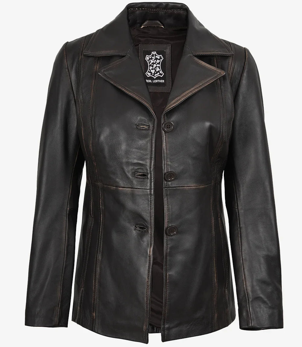 Women's Three Button Distressed Brown Leather Blazer