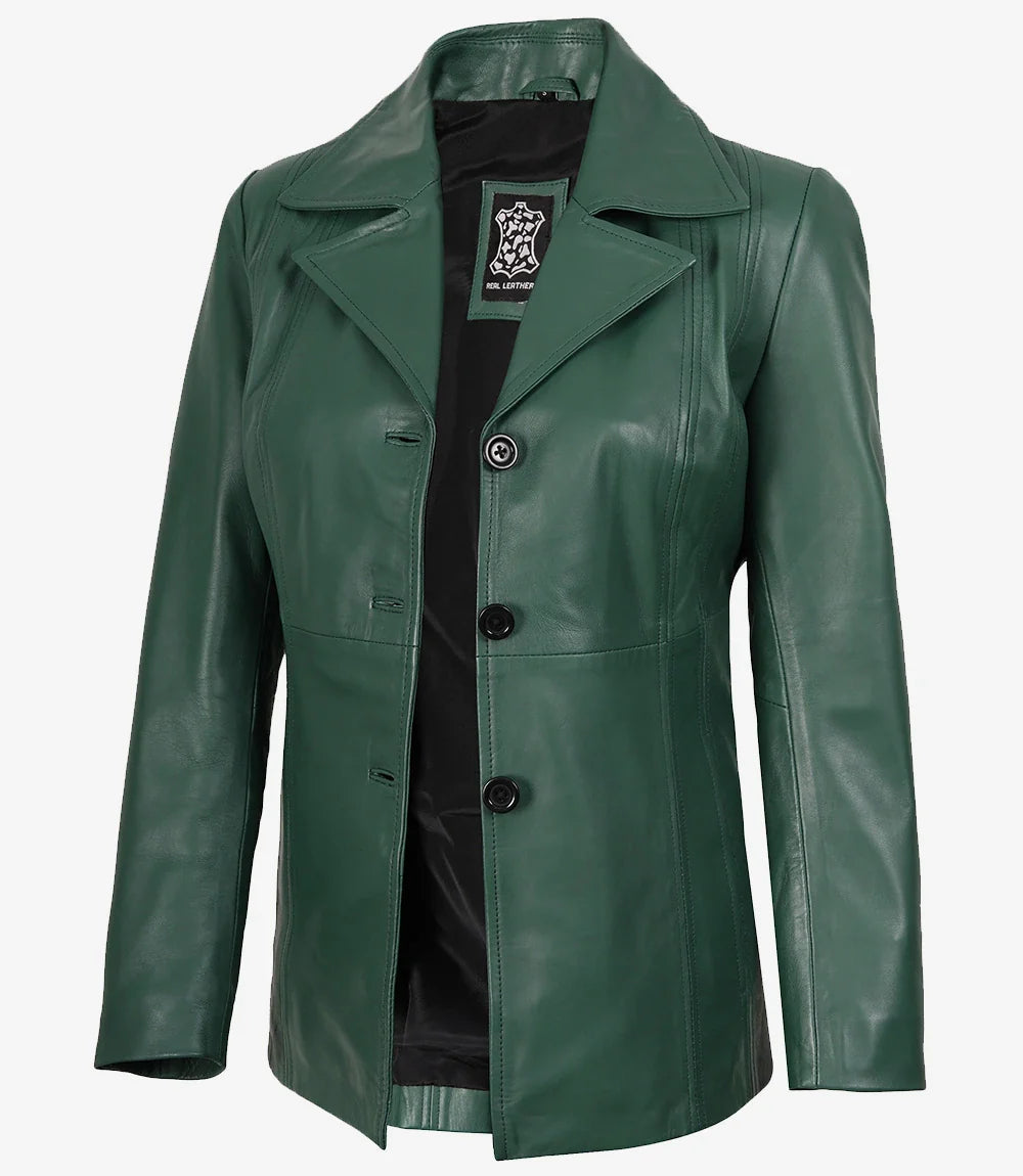 Womens Three Button Green Leather Blazer Jacket