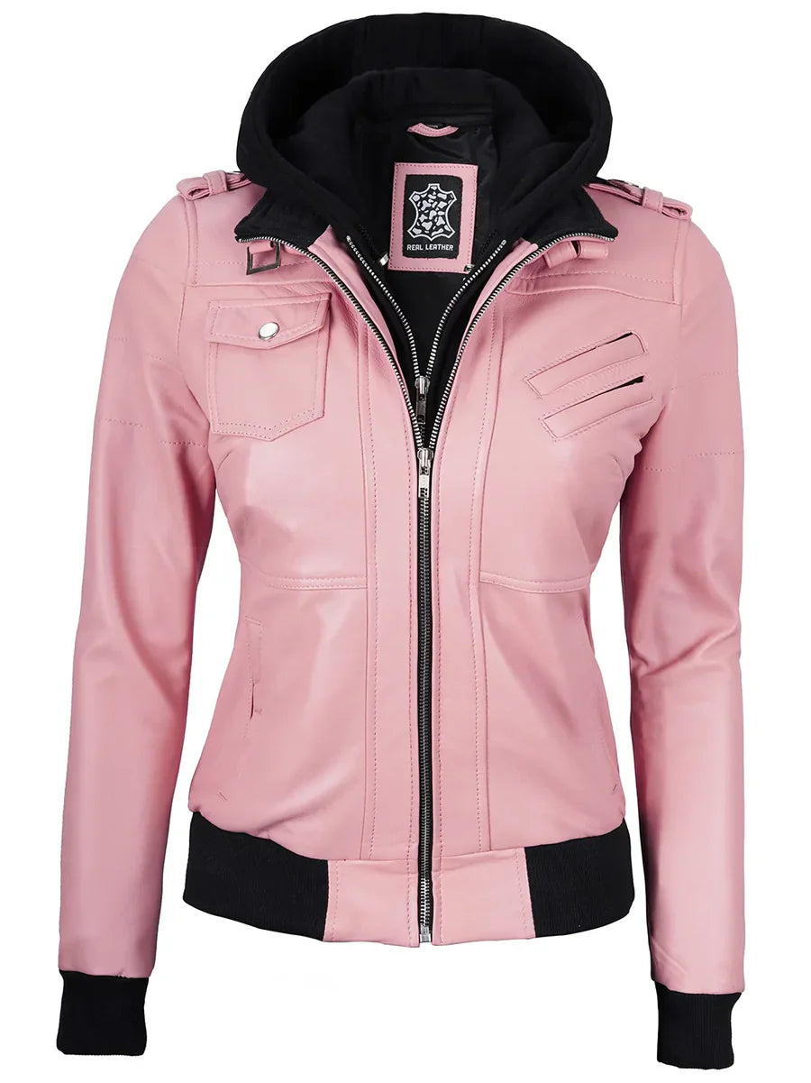 Women's Pink Leather Jacket with Removable Hood