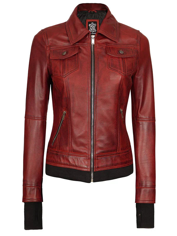 Tralee Women's Maroon Bomber Leather Jacket