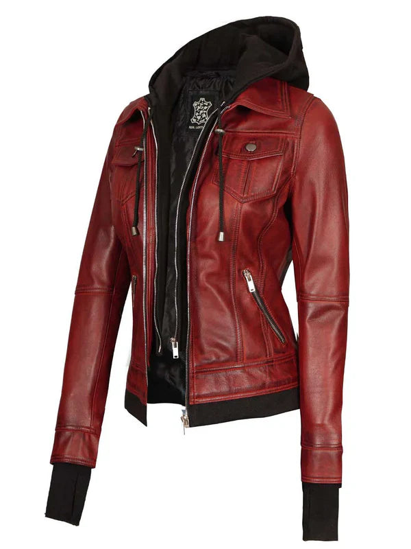 Tralee Women's Maroon Bomber Leather Jacket