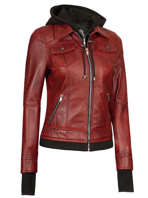 Tralee Women's Maroon Bomber Leather Jacket