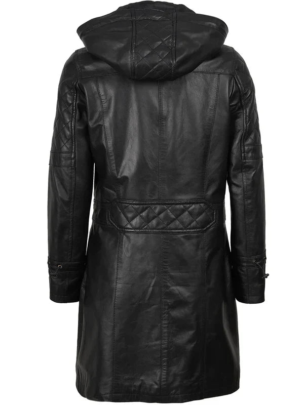 Women’s Black 3/4 Length Leather Coat With Hood
