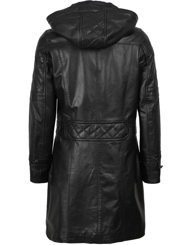 Women’s Black 3/4 Length Leather Coat With Hood