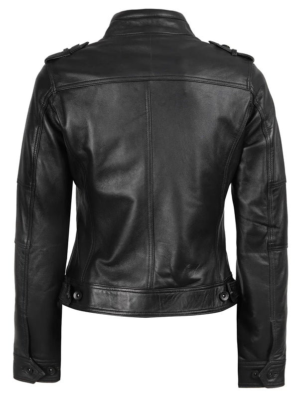 Tavares Womens Black Cafe Racer Style Leather Jacket