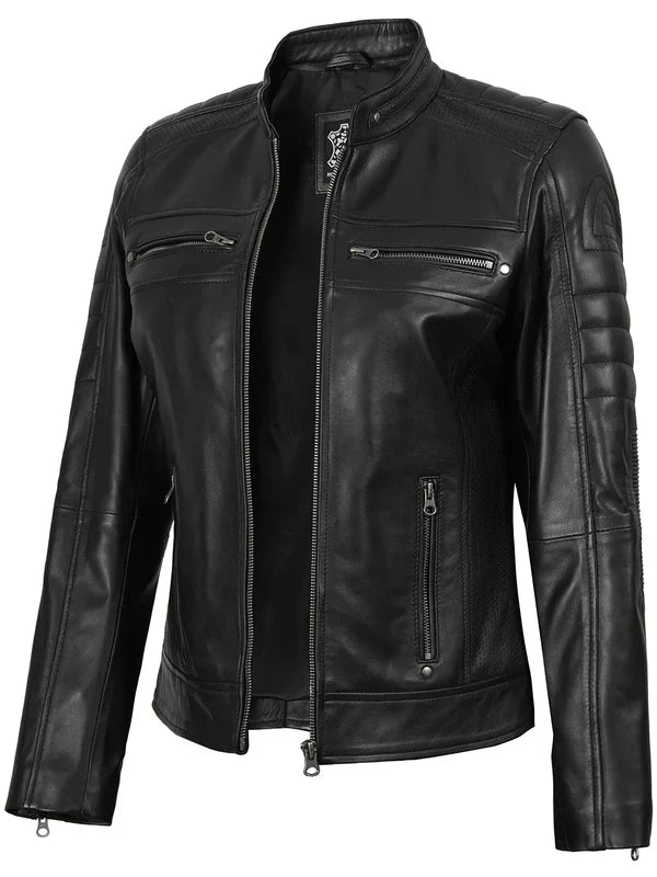 Austin Women's Black Cafe Racer Style Leather Jacket