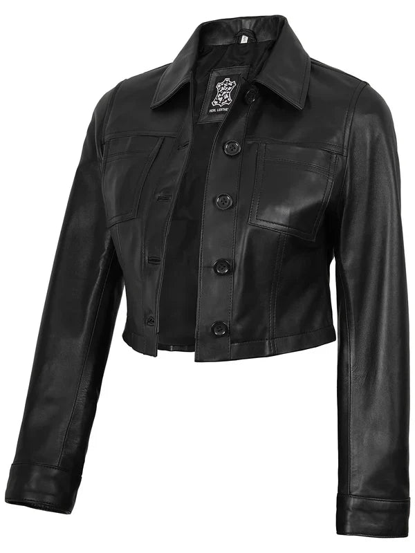Mable Womens Black Cropped Harrington Leather Jacket