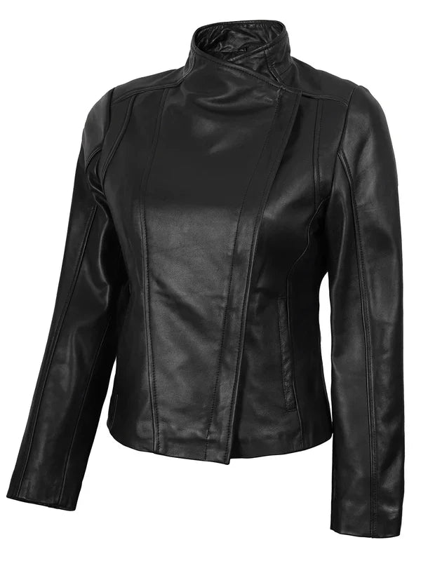 Arezzo Black Flap Closure Cafe Racer Leather Jacket