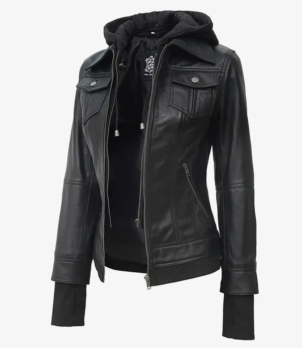 Tralee Women's Black  Leather Jacket With Removable Hood