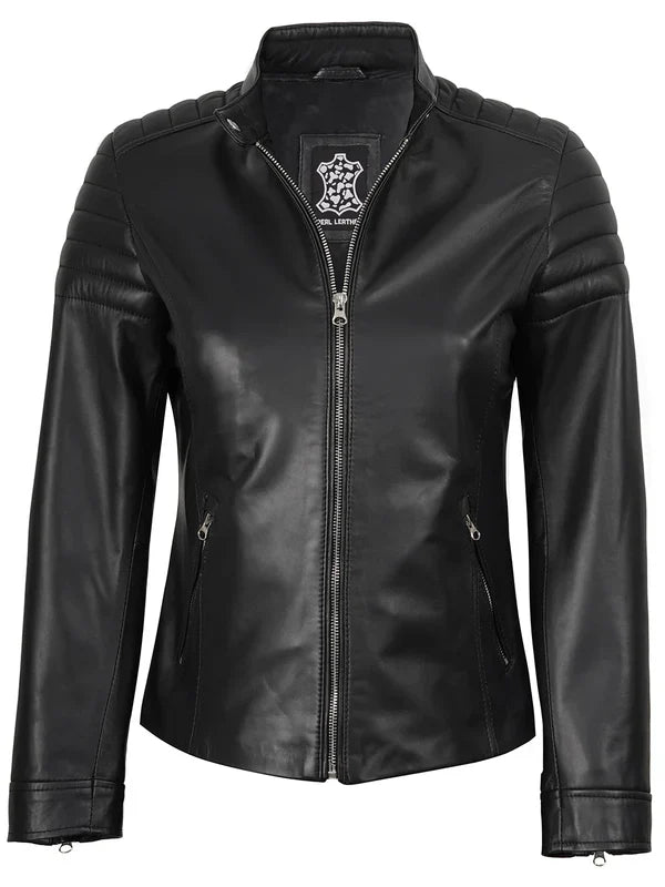 Women's Black Cafe Racer Style Leather Jacket
