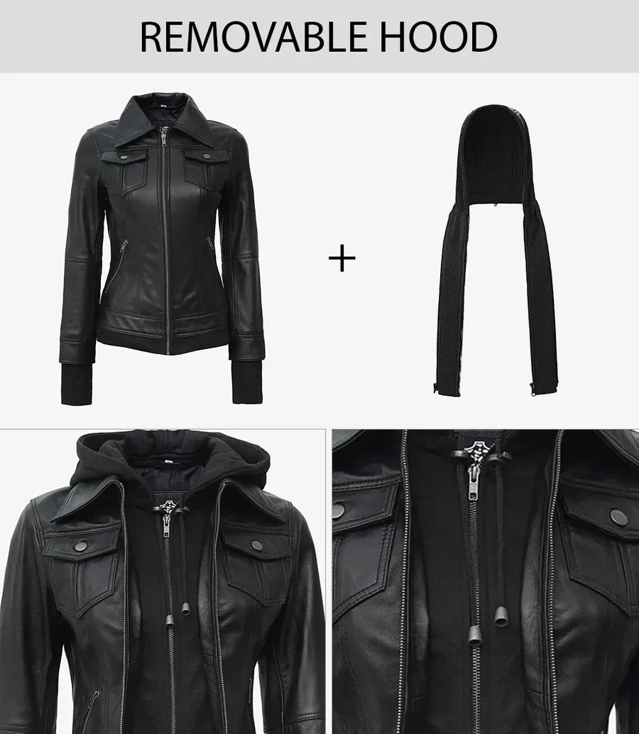 Tralee Women's Black  Leather Jacket With Removable Hood