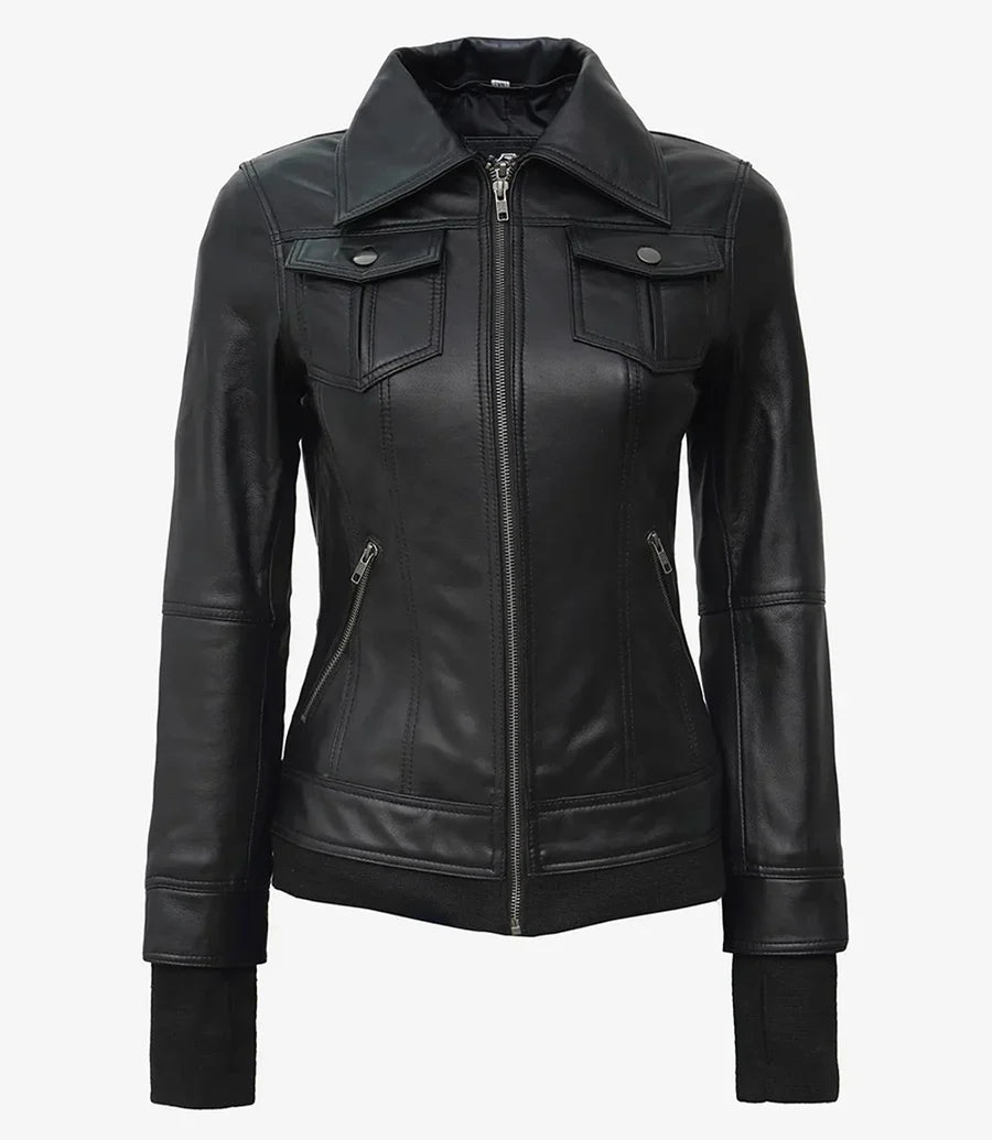 Tralee Women's Black  Leather Jacket With Removable Hood