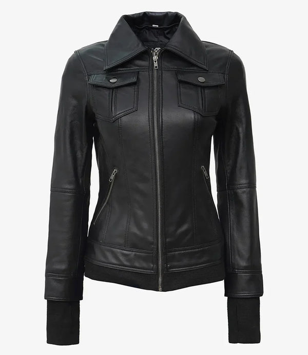 Tralee Women's Black  Leather Jacket With Removable Hood
