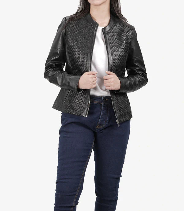 Women's Black Textured Cafe Racer Leather Jacket