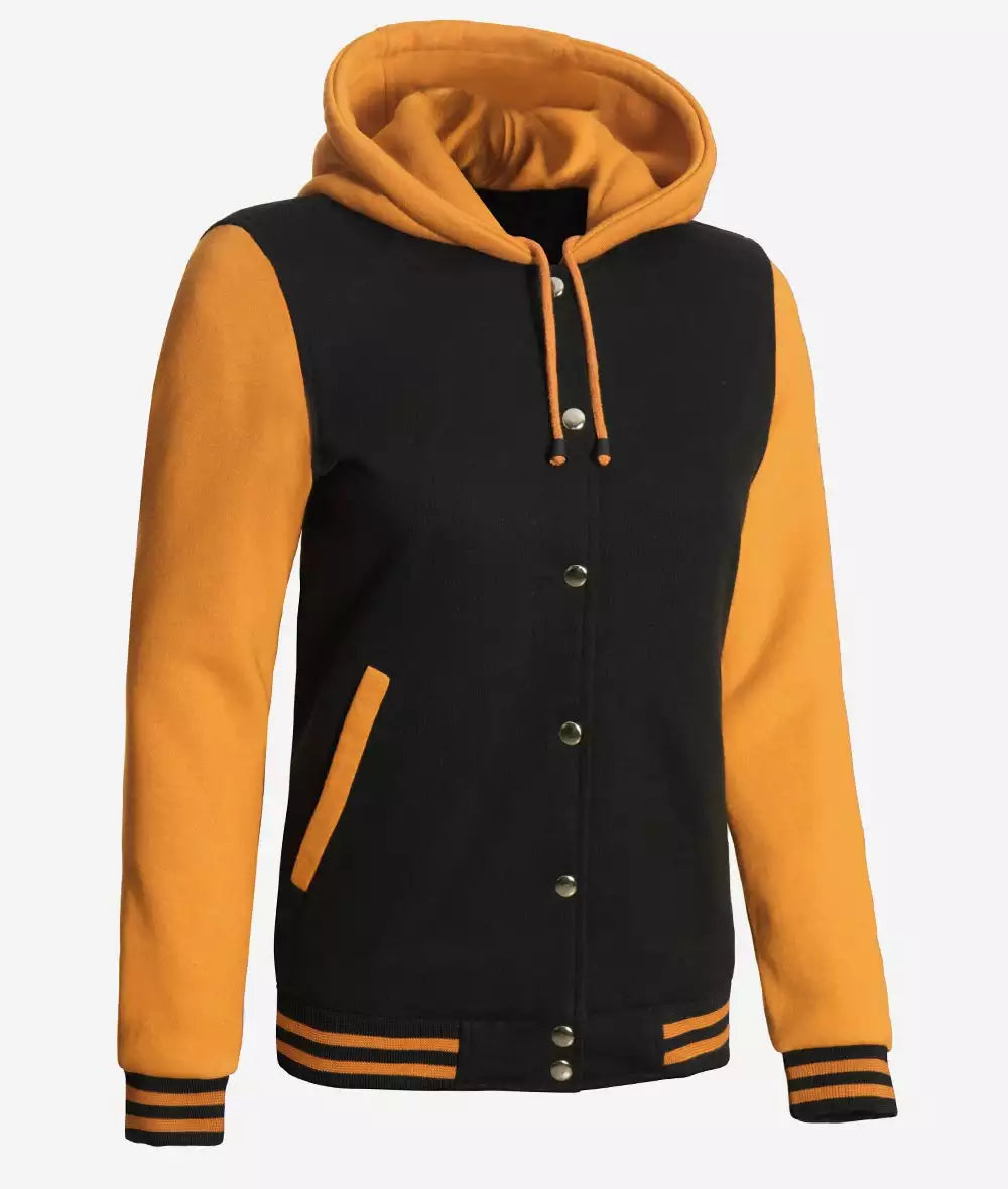 Women’s Black and Yellow Varsity Jacket – Hooded Bomber