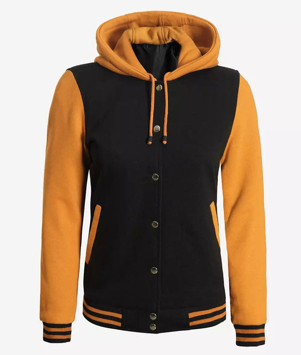 Women’s Black and Yellow Varsity Jacket – Hooded Bomber