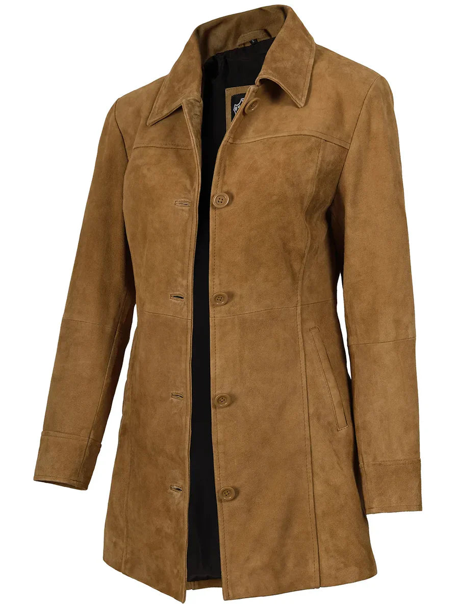 Kandis Women’s Premium Brown Suede Leather Car Coat