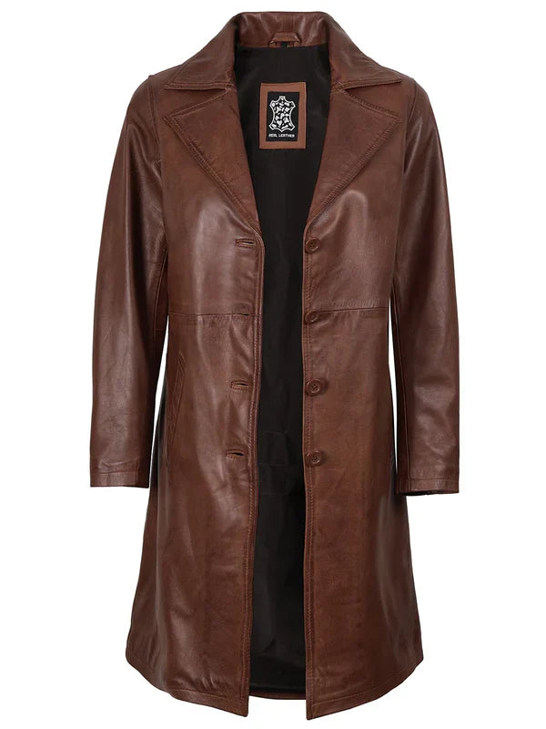Women's Cognac Brown Real Leather 3/4 Length Coat
