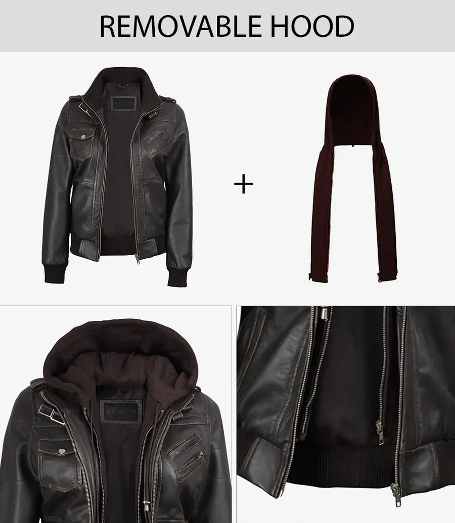 Women's Dark Brown Rub Off Leather Jacket with Removable Hood