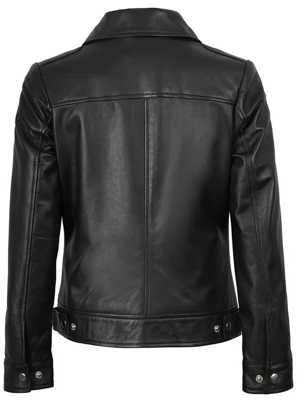 Women's Harrington Style Black Real Leather Jacket