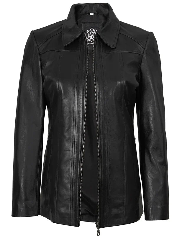 Marsha Women’s Premium Genuine Leather Black Car Coat