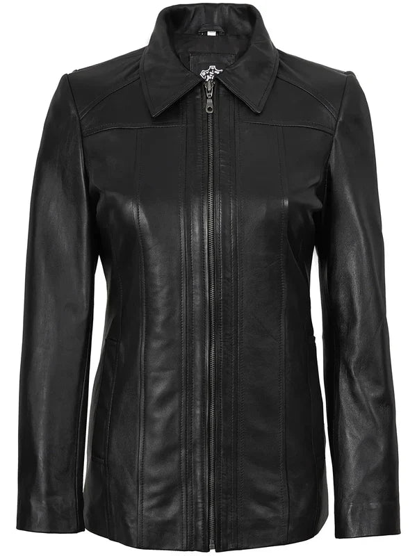 Marsha Women’s Premium Genuine Leather Black Car Coat