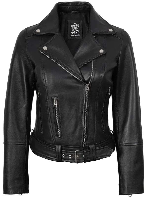 Womens Asymmetrical Black Biker Style Leather Jacket