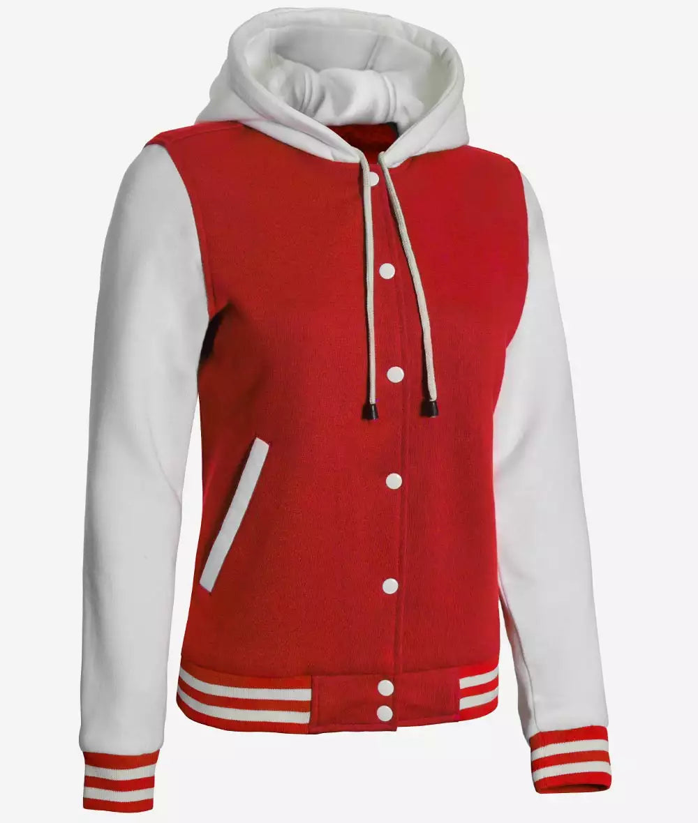 Women's Red and White Hooded Varsity Baseball Jacket