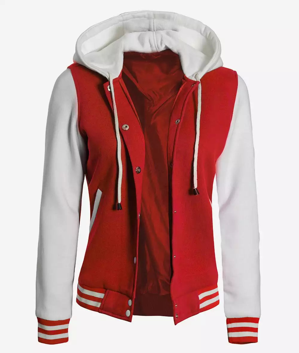 Women's Red and White Hooded Varsity Baseball Jacket