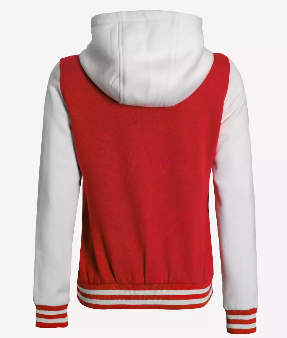 Women's Red and White Hooded Varsity Baseball Jacket