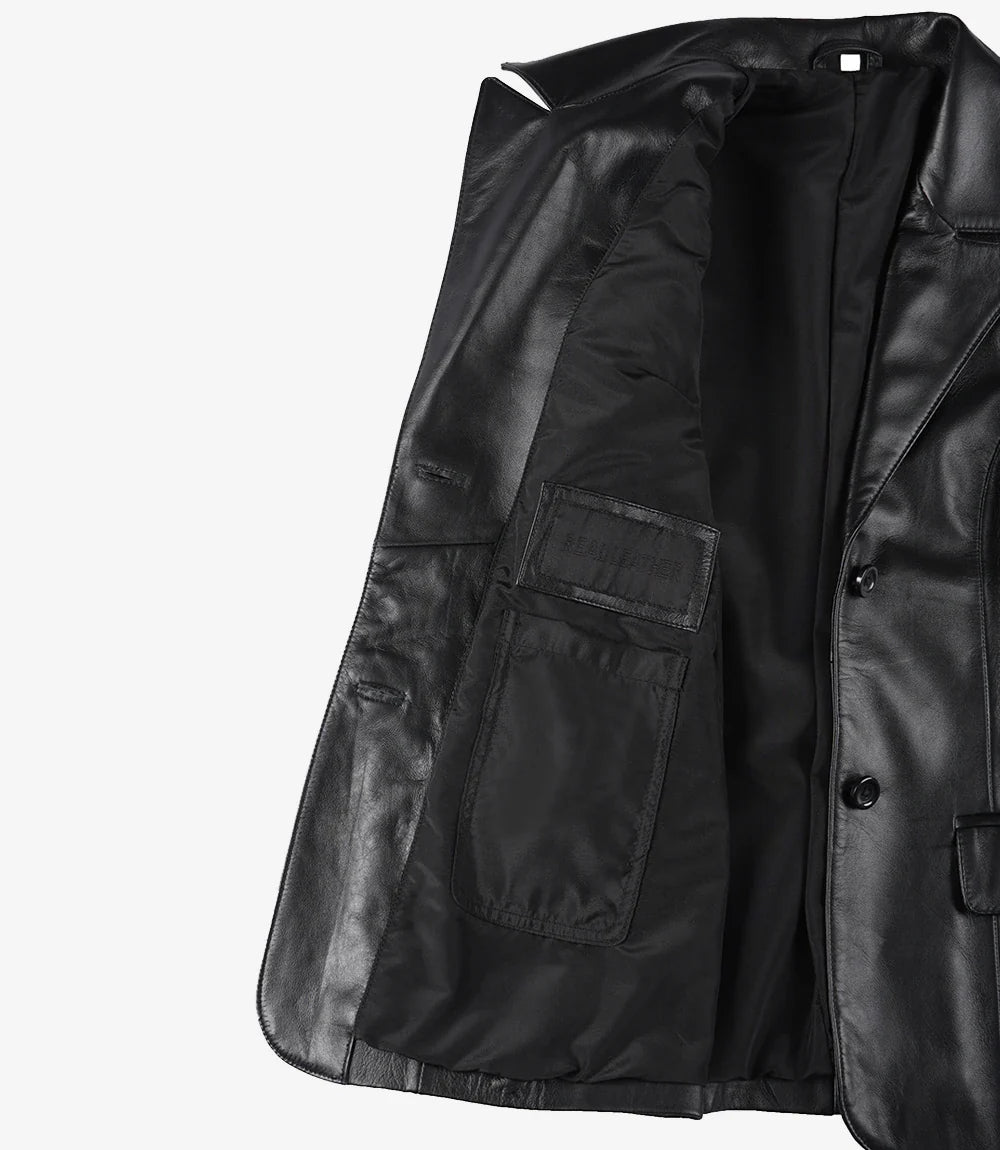 Women's Two Button Black Leather Blazer Jacket