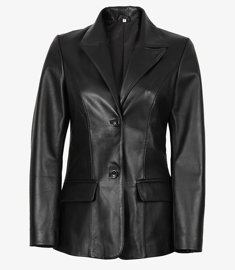 Women's Two Button Black Leather Blazer Jacket