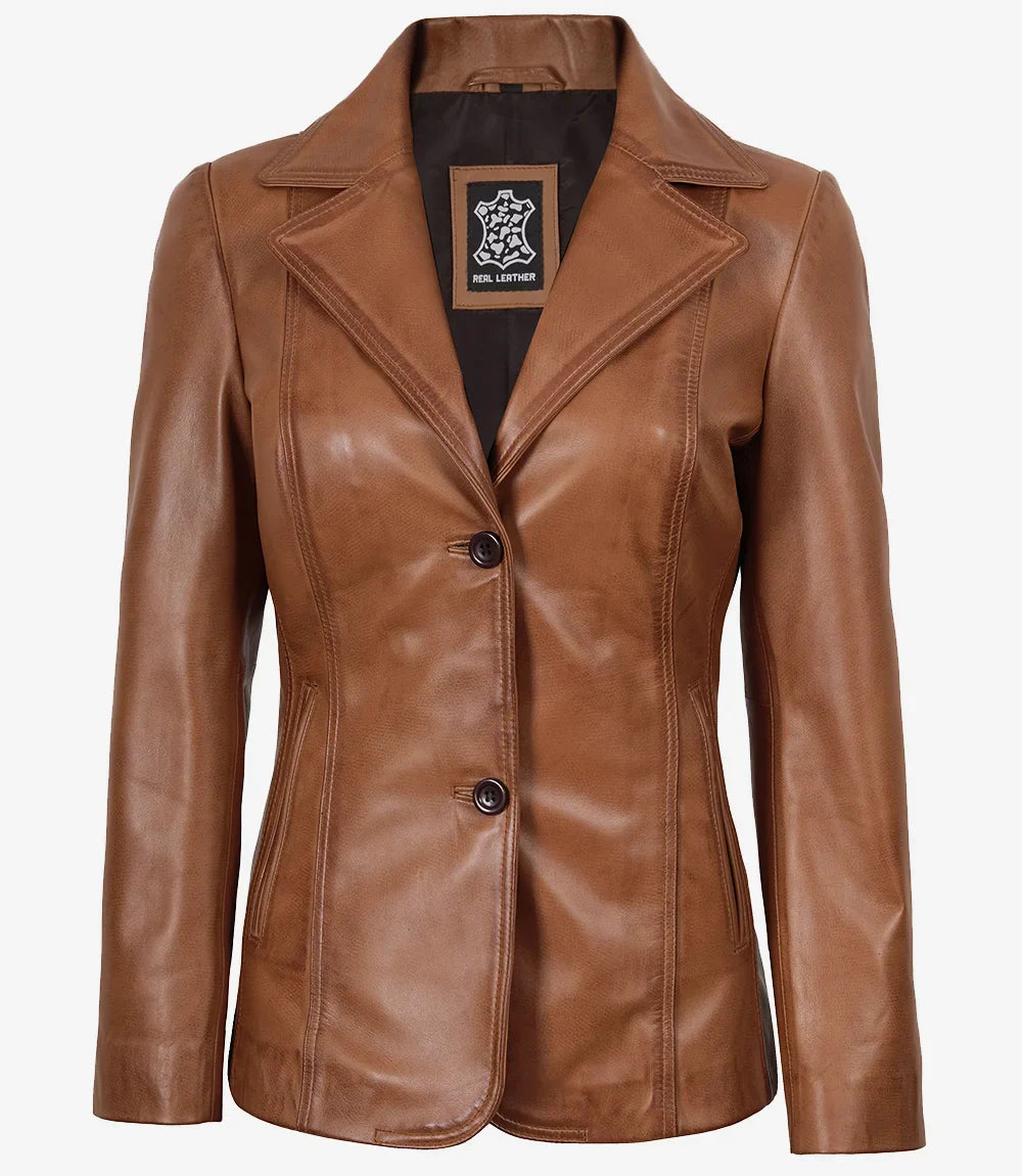Womens Two Button Tan Brown Leather Blazer