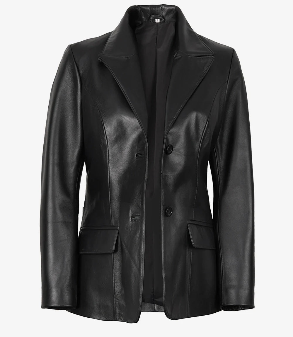 Women's Two Button Black Leather Blazer Jacket